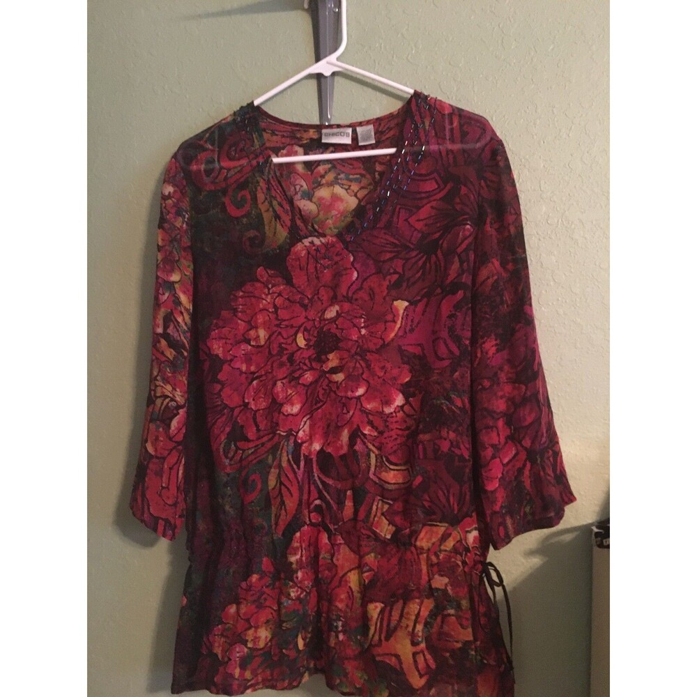 Chicos 100% Silk Multi Color Floral Print Beaded Tunic Size 1 S-M